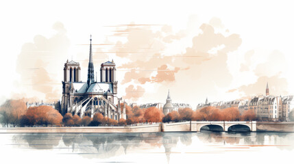 Stylized drawing of Notre-Dame of Paris back view in water color style - obrazy, fototapety, plakaty