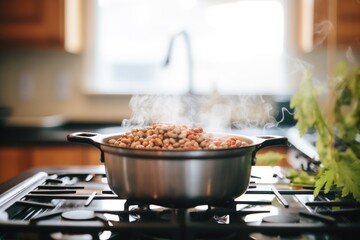 natto beans captured mid-fall into a cooking pot