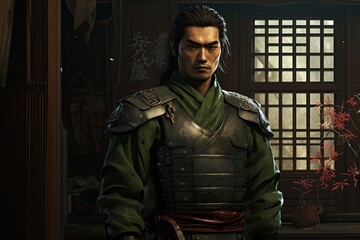 Close-up portrait of a samurai wearing armor