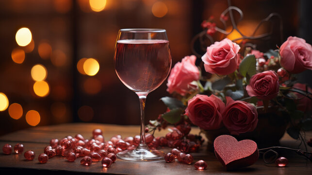 Closeup On A High Glass Of Ros? Wine Put On A Table With A Large Roses Bouquet And A Pink Heart On A Reddish Blurry Background