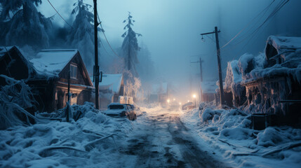 Snowy partly deserted small town with many remains and some street lights along the empty main street with a deep fog