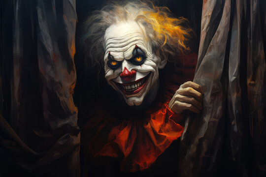 Frightful clown with a contorted smile, peeking out from behind a tattered curtain in a forgotten theater