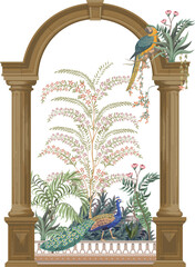 Classical greek arch, garden, peacock, parrot illustration