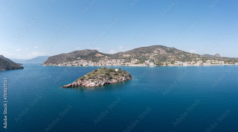 Wall mural tolo near nafplio, argorida, peloponnese, greece. aerial drone panoramic view of village, sea. space