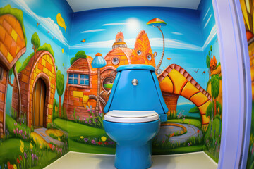 
Illustration of a whimsical, cartoon-themed toilet in a playful, child-friendly bathroom design