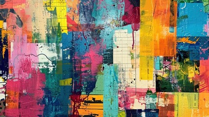 Generative AI, vintage grunge colorful collage background. Different textures and shapes	
