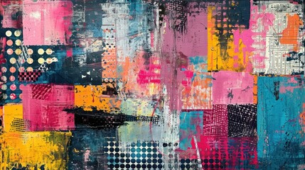 Fototapeta premium Generative AI, vintage grunge colorful collage background. Different textures and shapes 