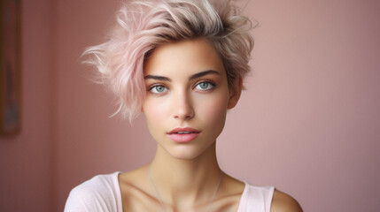 Portrait of a beautiful young woman with pink hair and makeup .