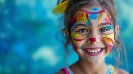 Cute Smiling Girl with Face Painting Against a Vibrant Blue Background