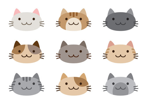 色々なかわいい猫の顔のイラストセット　Illustration set of various cute cat faces