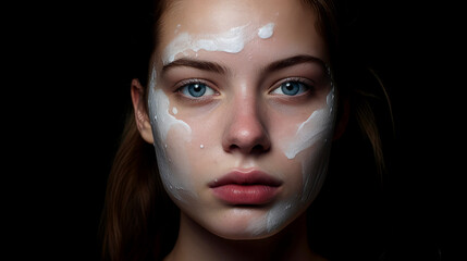 Radiant Beauty: Close-Up of Young Woman's Clean Skin with Cream on Cheeks