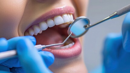 Close-up of patient's open mouth during oral checkup with mirror