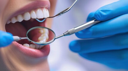 Close-up of patient's open mouth during oral checkup with mirror