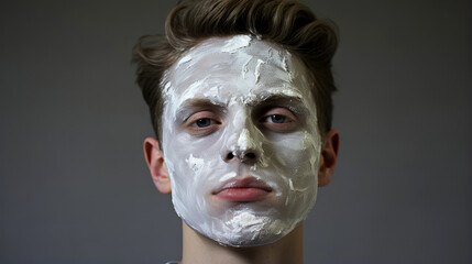 Revitalized Youth: Close-Up of Handsome Young Man's Clean Face with Beauty Cream