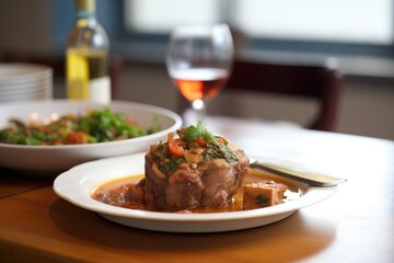 osso buco at a table setting with red wine