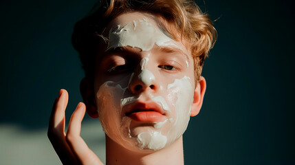 Revitalized Youth: Close-Up of Handsome Young Man's Clean Face with Beauty Cream