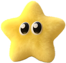 A yellow star character made of soft felt and fur with a plush material. isolated on white background. 