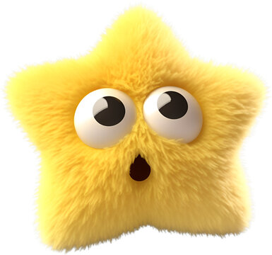 A yellow star character made of soft felt and fur with a plush material. isolated on white background. 
