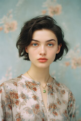 Fototapeta premium Portrait of a beautiful girl with dark hair in a floral shirt .
