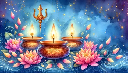 Thaipusam watercolor background with spear, diya lamps and lotus flowers.