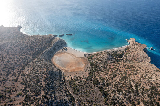 Cape Tripiti at Gavdos southernmost Greek island, Crete. Aerial drone view of beach at Libyan sea.