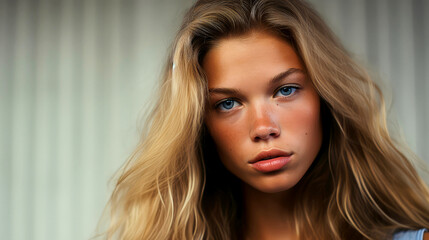 Fototapeta premium Captivating Beauty: Close-up of a Woman with Radiant Skin and Alluring Features