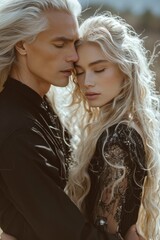 In a medieval fantasy, a blonde man and woman, dressed in regal attire, share an intimate moment, perfect for a romantic book cover capturing the essence of timeless love.