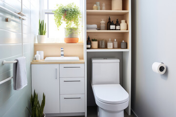 Fototapeta na wymiar Photo of a compact, space-saving toilet in a tiny house bathroom with smart storage solutions