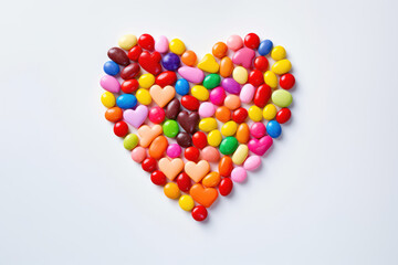 Heart-shaped arrangement of various colorful candies on a plain background