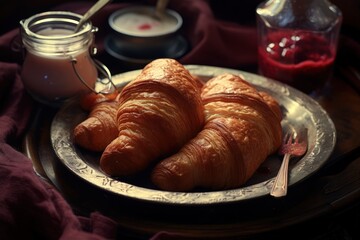 A plate containing croissants, jam and butter. Generate AI image