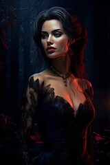 a captivating woman, the femme fatale, exudes an alluring charm, embodying the enigmatic allure of a vampire heroine. Her presence evokes a sense of dark fascination