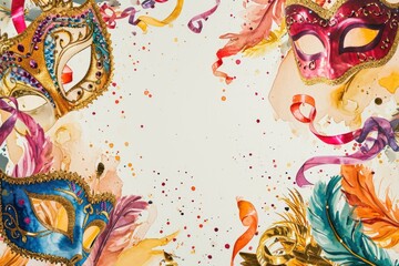 Festive background with elements of the holiday, masks, confetti, serpentine and bows framed around the edge of the picture, in the middle of the image there is an empty space for text