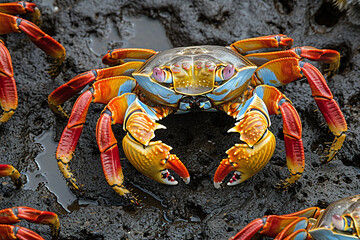Coastal Vibrance: Sally Lightfoot Crabs (Grapsus grapsus) at Punta Suarez on Espanola Island in the Galapagos Islands, Ecuador - A Spectacle of Colorful Marine Life Against the Natural Beauty of the A - obrazy, fototapety, plakaty