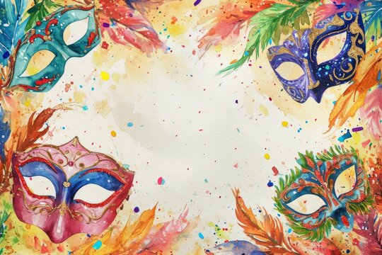 Festive background with elements of the holiday, masks, confetti, serpentine and bows framed around the edge of the picture, in the middle of the image there is an empty space for text