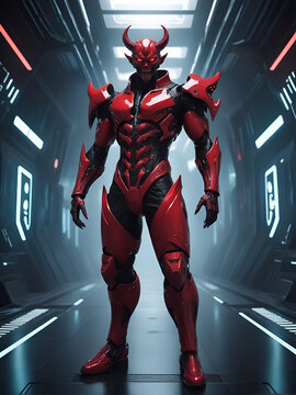 photography of a Red demon in a high-tech suit, futuristic cyberpunk style., Full Body Shot, ai generative.