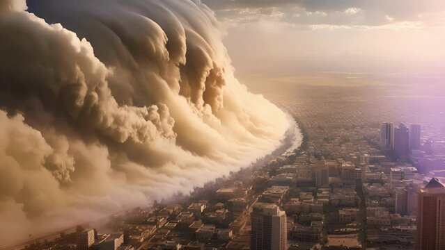 Like a monstrous wave, a sandstorm overtakes a desert city, transforming its landscape beneath a breathtaking birds eye perspective.