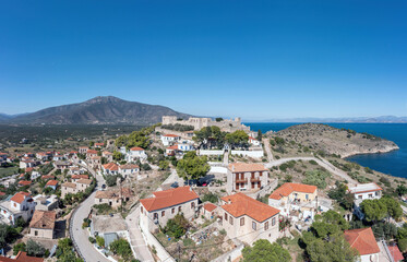 Fototapeta na wymiar Astros, Arcadia, Peloponnese, Greece. Aerial drone panoramic view of village, castle, sea, blue sky.