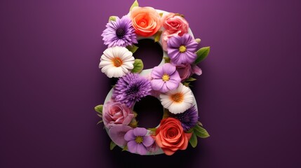 A three-dimensional figure eight on a purple background, decorated with delicate flowers. A greeting card for women's Day.
