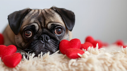 pug with lots of hearts. Valentine's day concept 
