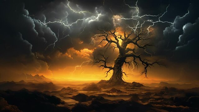 A twisted tree silhouetted against a stormy sky lightning arcing across the horizon.