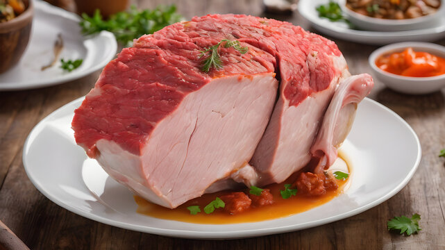 fresh mutton in white plate side view, white background