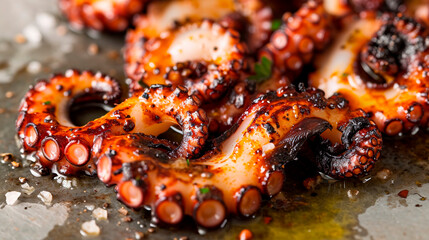 Fried octopus tentacles on a plate. Selective focus.