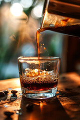 Pour hot coffee into a glass. Selective focus.