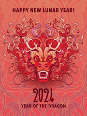 The Year of Dragon Holiday Poster or Postcard. Zodiac symbol of the New Year 2024. Line drawing of the Chinese dragon head coloured and isolated on an ornamental background. NOT AI. EPS10 vector.