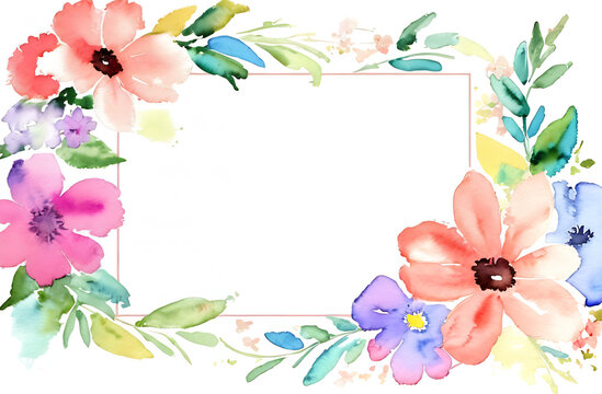 Frame of beautiful flowers white space in the middle of the image, watercolour, painted illustration
