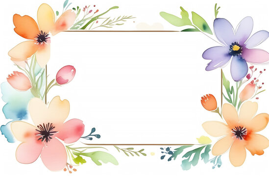 Frame of beautiful flowers white space in the middle of the image, watercolour, painted illustration