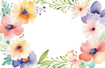 Fototapeta na wymiar Frame of beautiful flowers white space in the middle of the image, watercolour, painted illustration