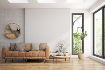 White living room with sofa and summer landscape in window. Scandinavian interior design. 3D illustration