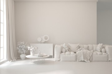 White living room concept with sofa. 3D illustration