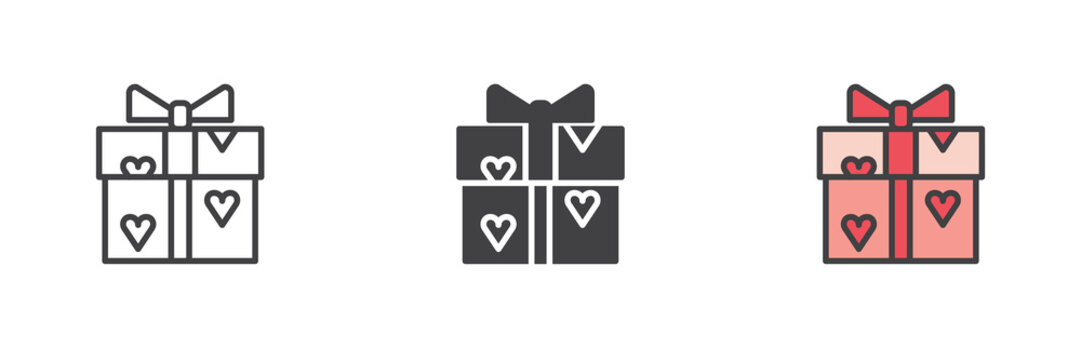 Gift box with hearts different style icon set